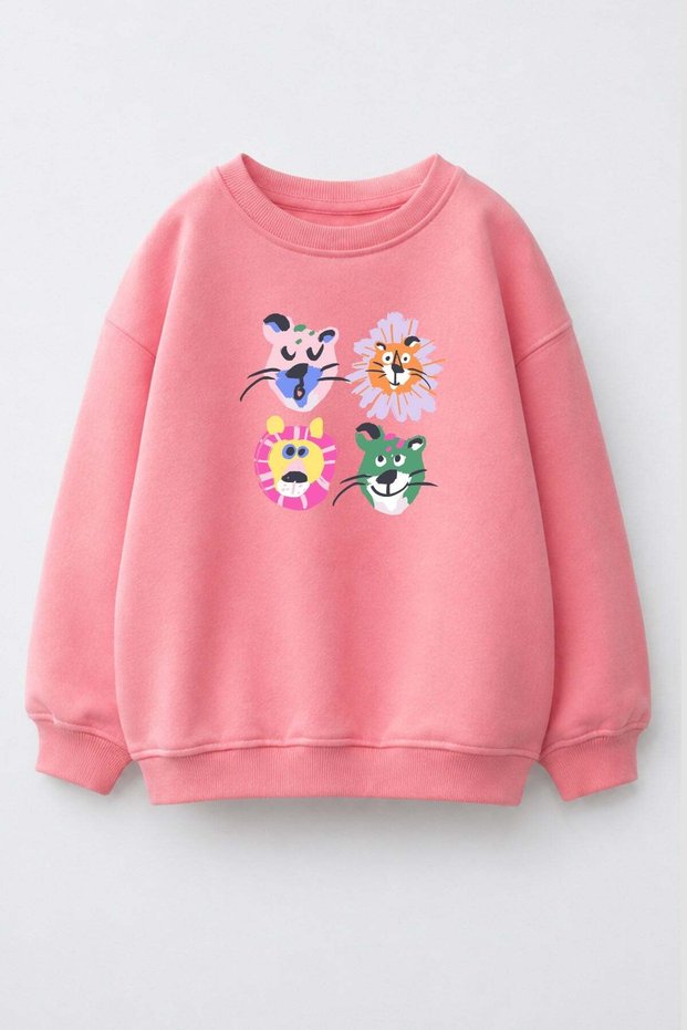 Girl's 3 Thread Fabric Cotton Animal Print Sweatshirt