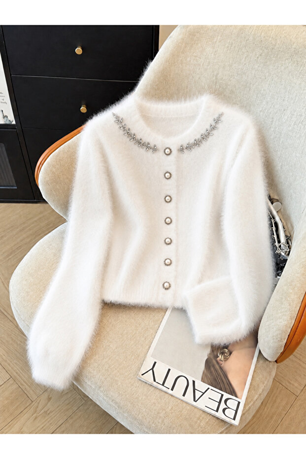 Women's Collar with Stone Detail, Plush Look Knitwear Basic Cardigan