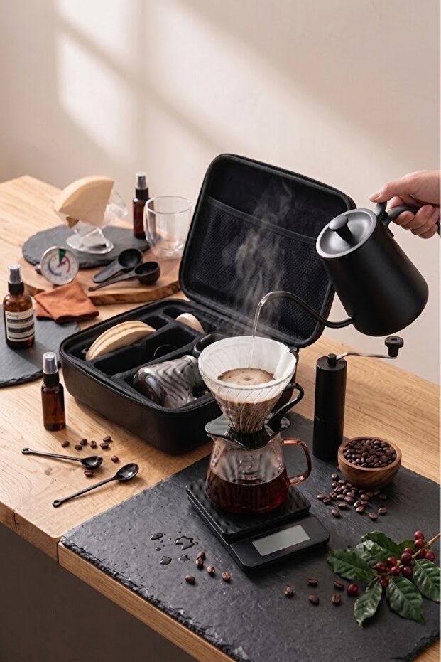 Doppio V60 Coffee Brewing Kit – Complete 12-Piece Coffee Maker Set Includes Curved Spout Kettle, V60 Dripper, Coffee Server, Manual Grinder, Digital Scale, Portable Carrying Bag