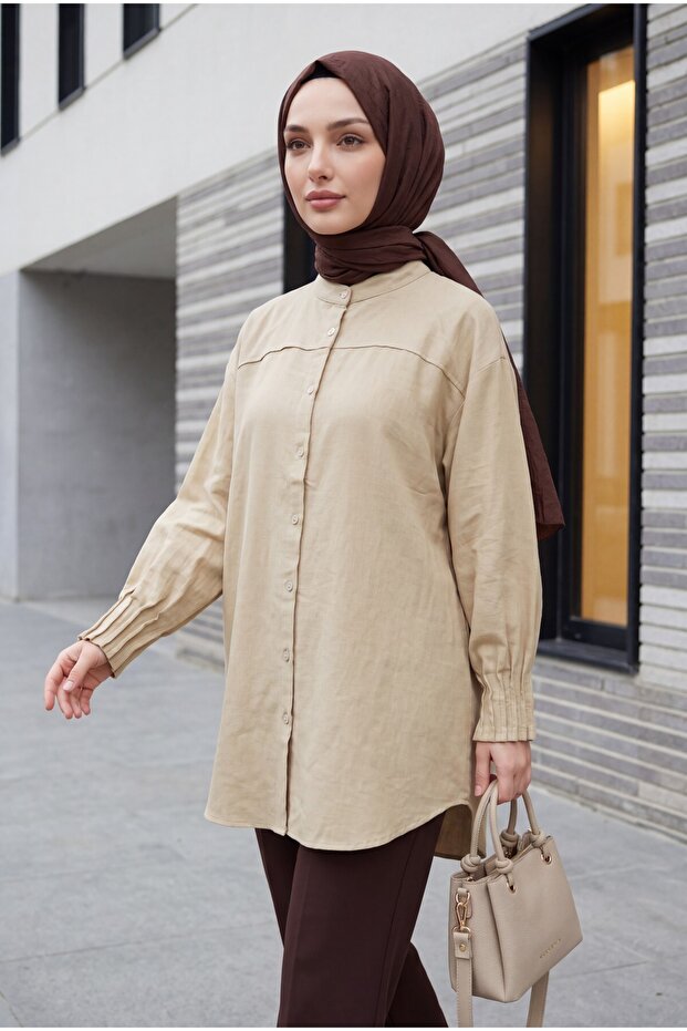 Draped Cuff Oval Cut Shirt -Beige