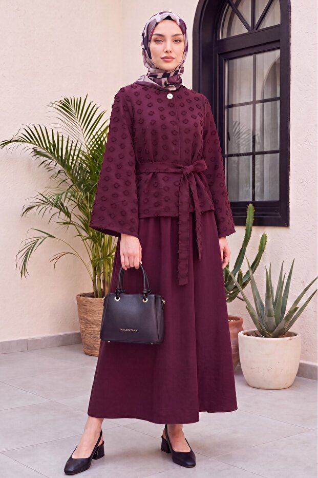 Single Button Belted Skirt with Pockets Embossed Patterned Jacquard Suit - Plum