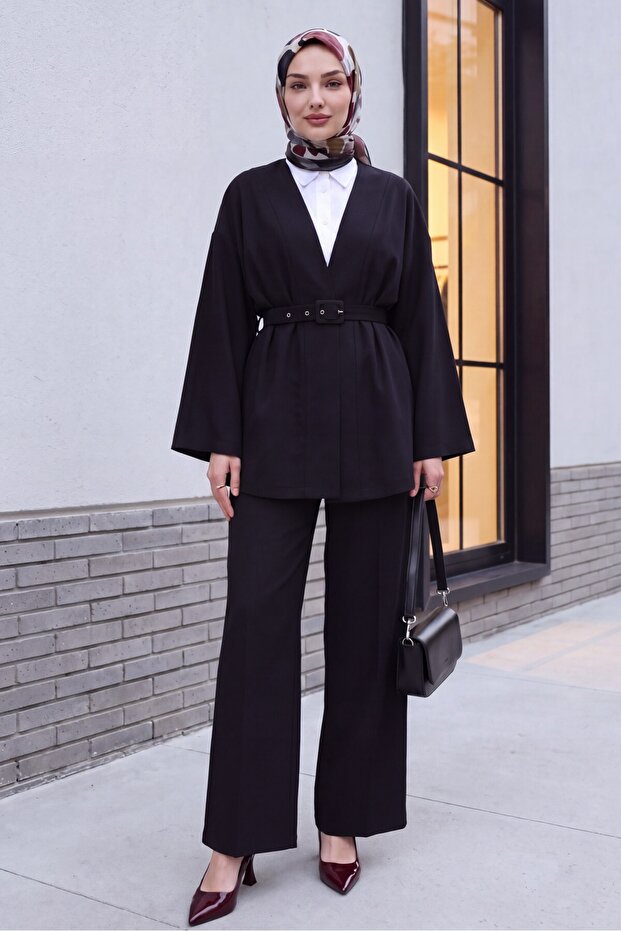 Kimono Set with Belted Trousers - Black