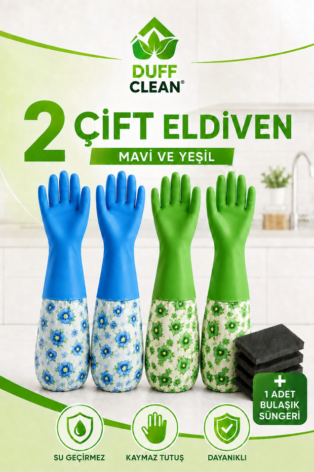 Size L 2 Pairs of Long Sleeve Dishwashing Gloves + Sponge Gift