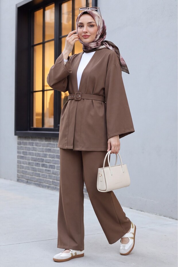 Kimono Set with Belted Trousers - Light Brown
