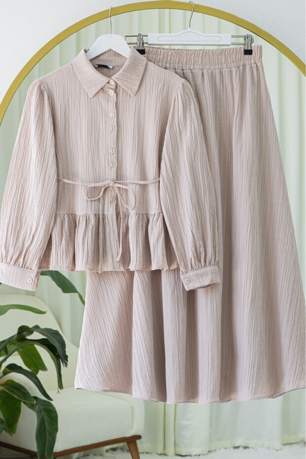 Ruffled Buttoned Drawstring Waist Skirt Set - Taupe