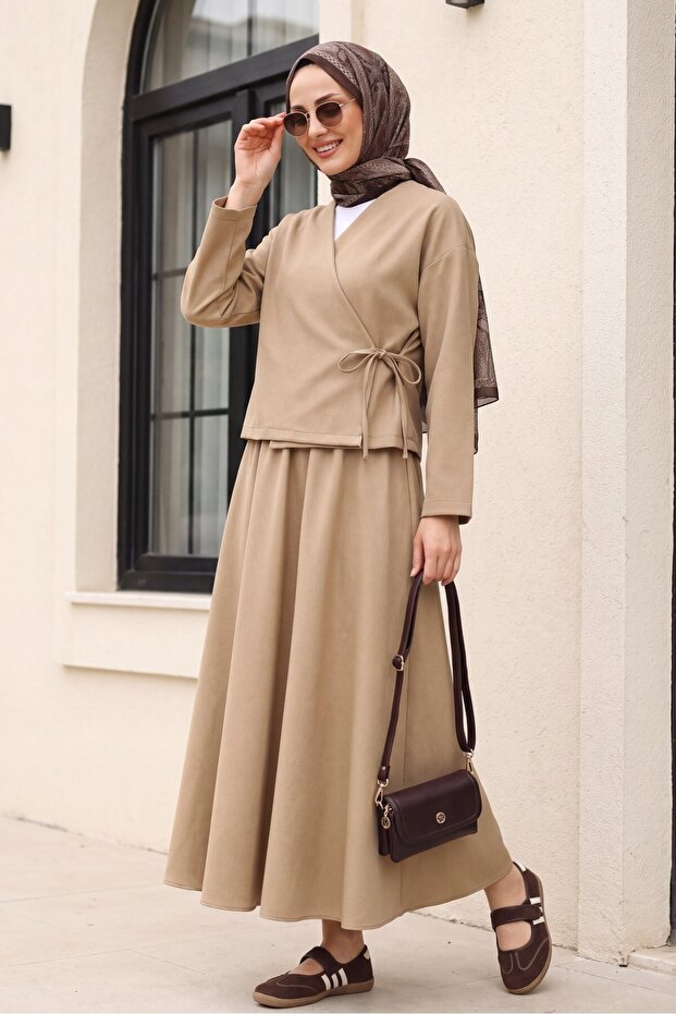Wool Effect Winter Suit with Lace-Up Front Skirt - Mink