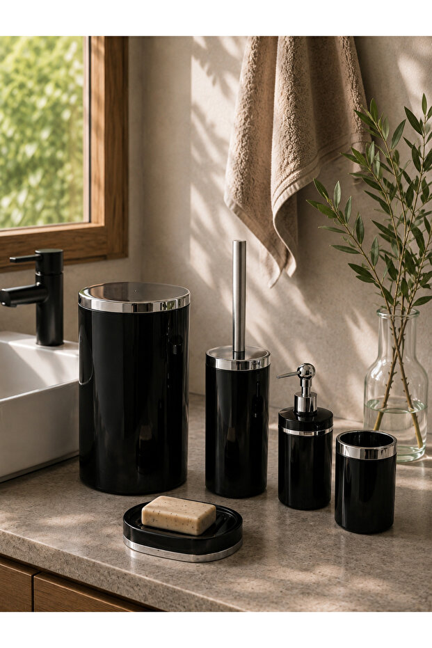 Black Silver Round Bathroom Set 5 Pieces