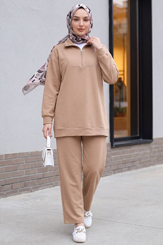 Half-Zip High-Neck Combed Cotton Suit - Mink