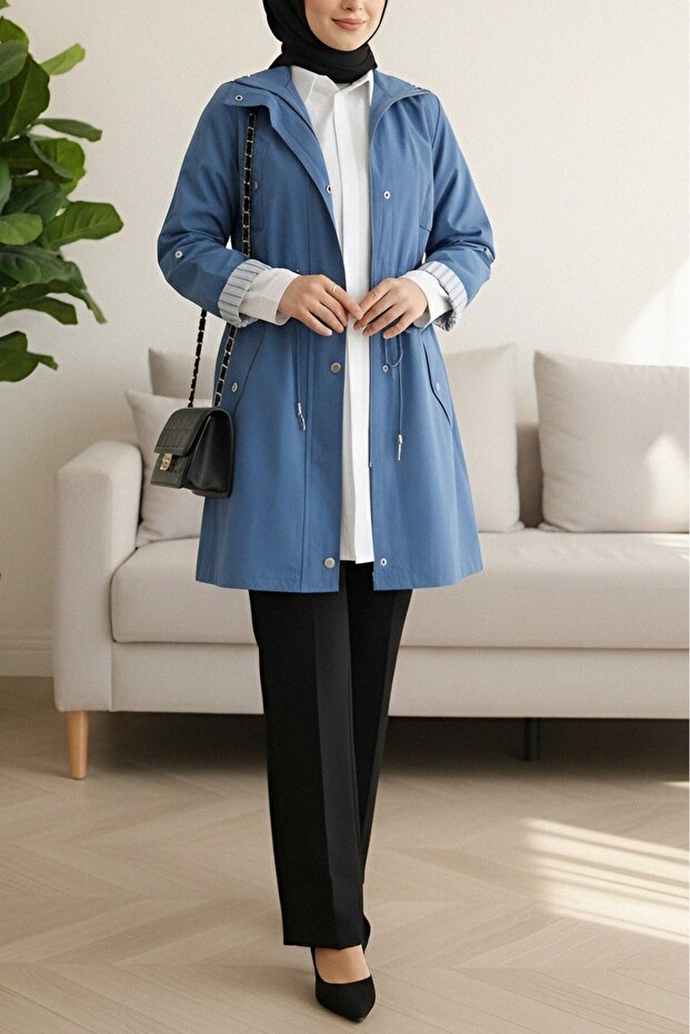 Araboy Summer Trench Coat with Folded Sleeves and Tunnel Laces - Indigo
