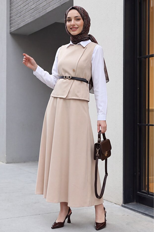 Cross Buttoned Vest Skirt Double Set -Beige