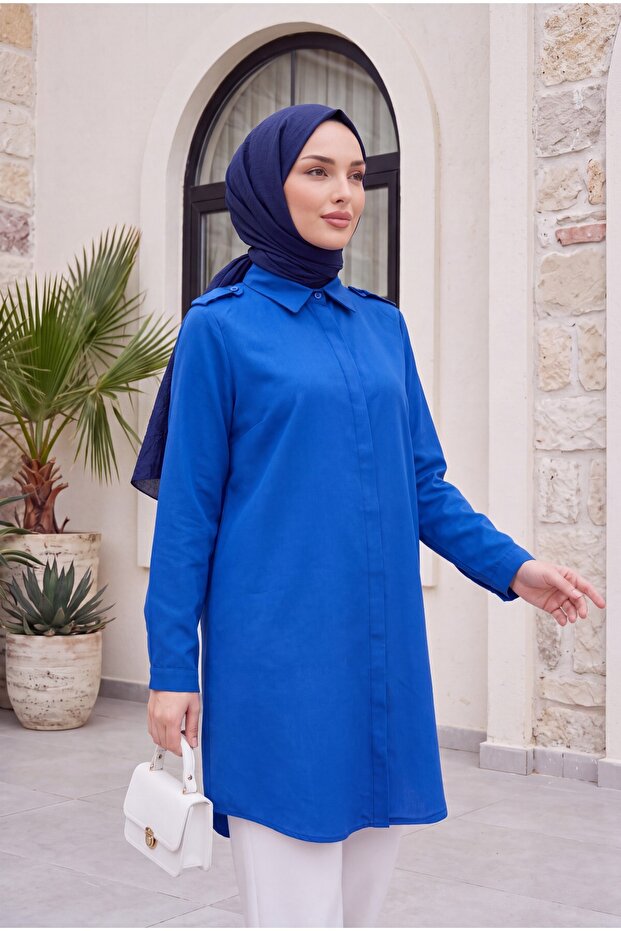 Oval Cut Long Shirt with Hidden Buttons -Saks