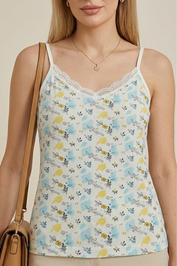Floral Patterned Lace Strap Tank Top - Ecru