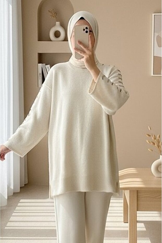 Striped Knit Tunic with Drawstring Sleeves - Cream