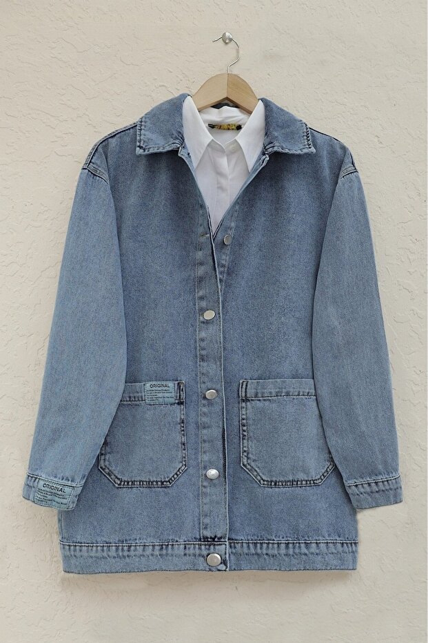 Buttoned Denim Jacket with Pocket - Blue