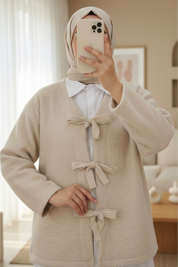 Front tied striped cashmere jacket - beige