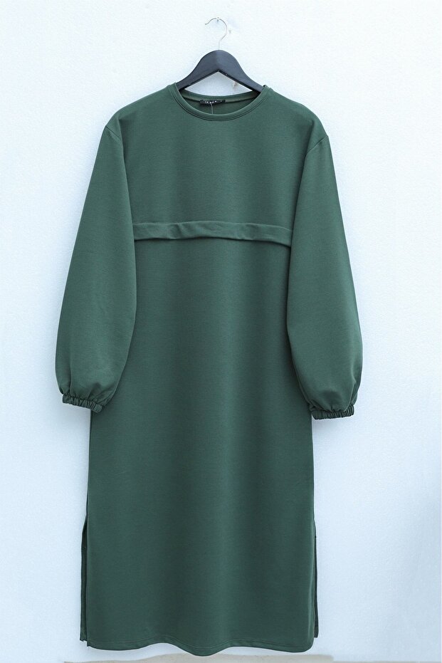 Round Neck Top Long Two Thread Combed Cotton Suit -Khaki