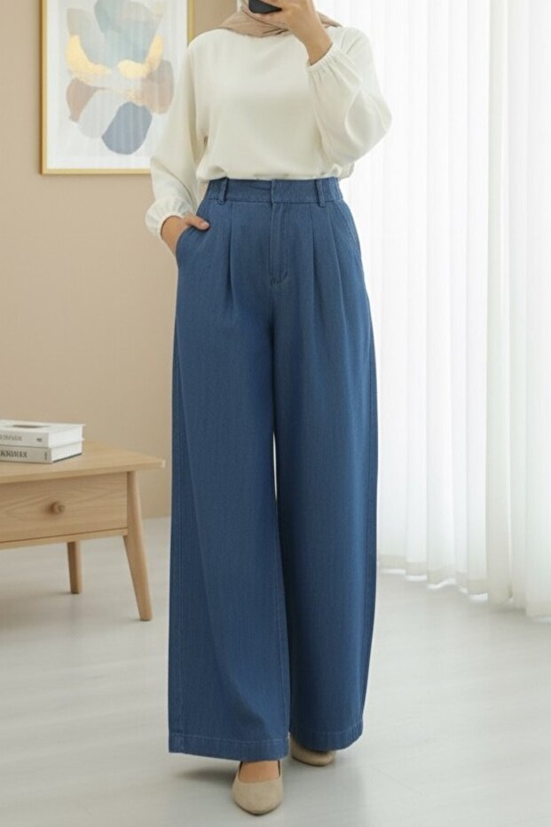 Half Elasticated Double Pocket Wide Leg Jeans - Dark Blue