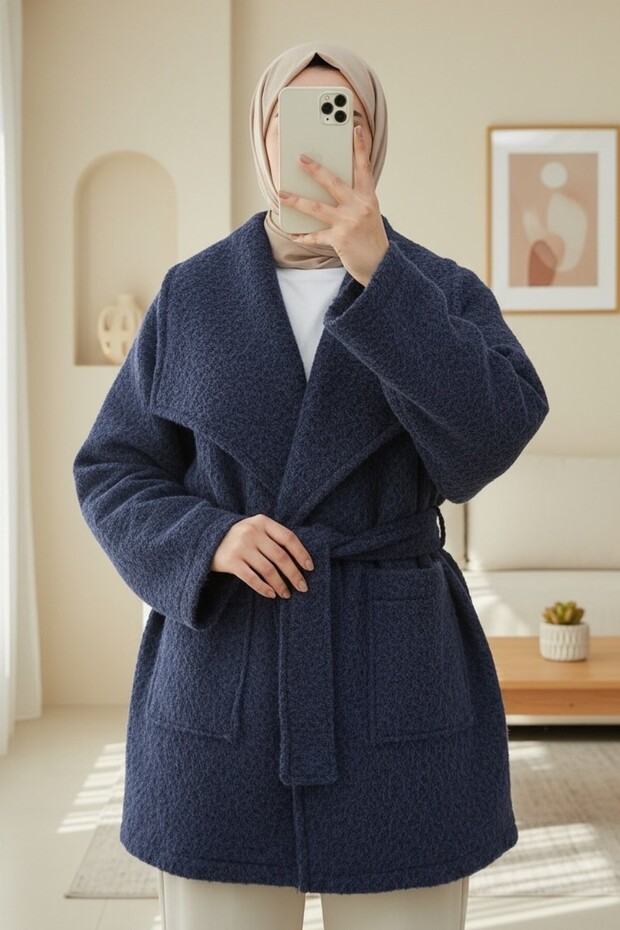 Wide Collar Belted Waist Pocketed Cashmere Coat - Navy