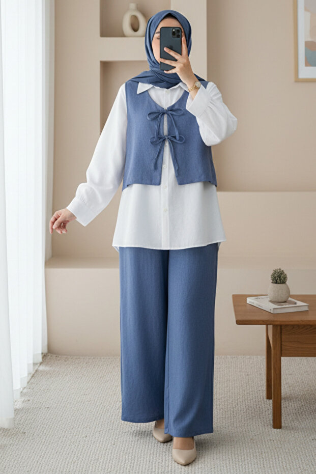 Lace-Up Front Trousers and Vest Double Linen Set -Indigo