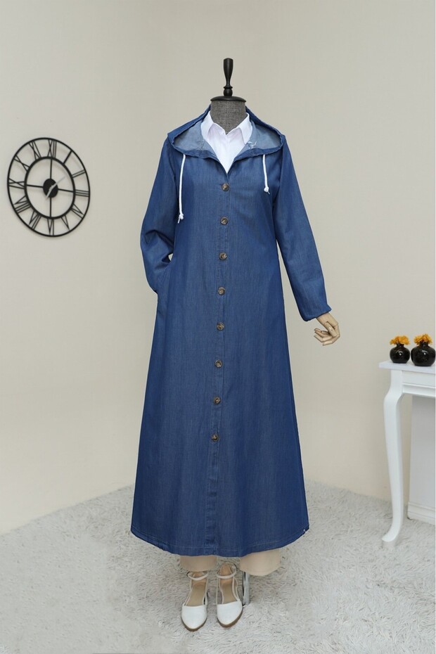 Buttoned Hooded Long Denim Cap - Indigo
