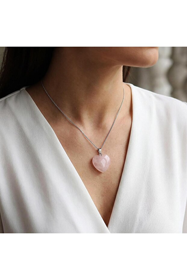 Pink Quartz Stone Heart Pendant - Light Colored with Steel Chain