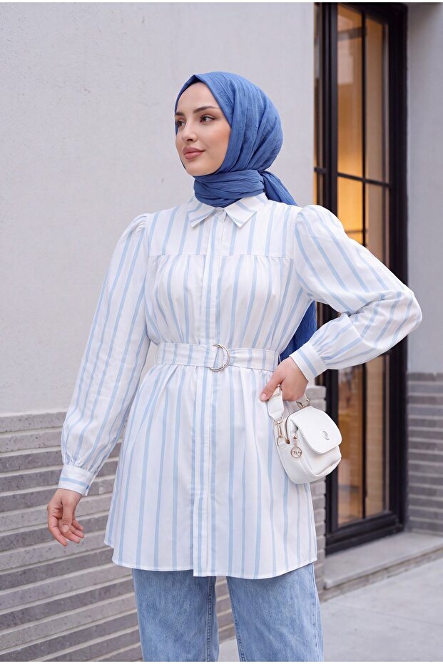 Thick Striped Buckle Belted Shirt - Light Blue