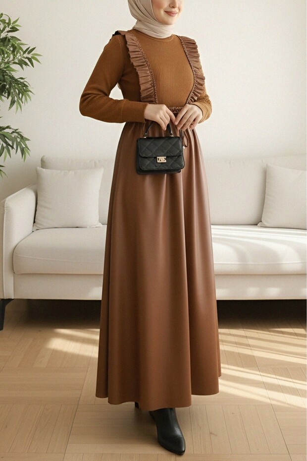 Top knit front ruffled leather dress - tan