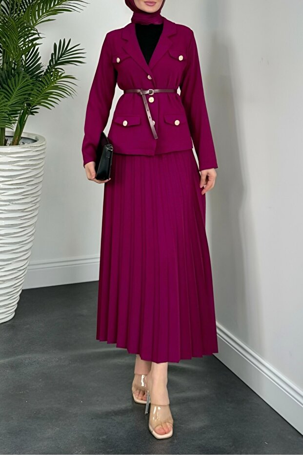 Skirt Pleated Belted Buttoned Jacket Suit -Purple
