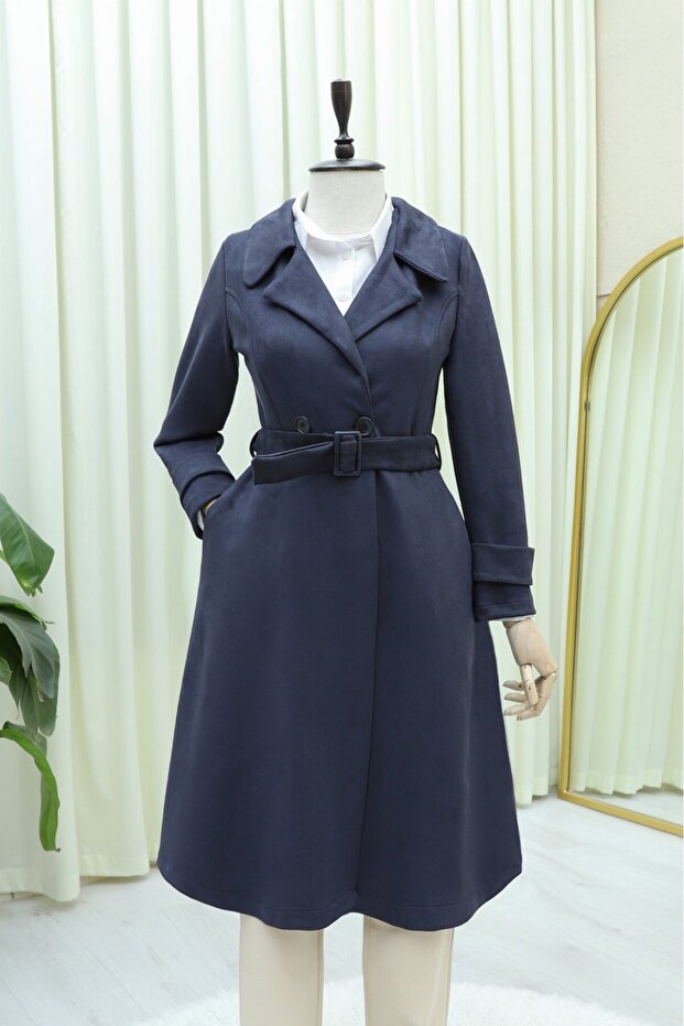 Beli Belted Pocketed Suede Cap - Navy