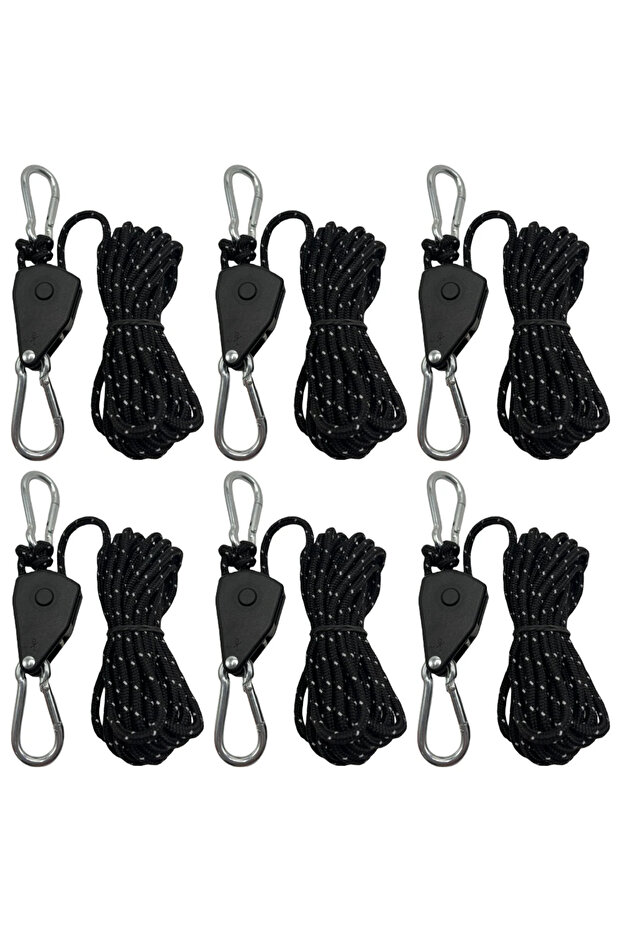 6pcs black 6Pcs 4mm Camping Tent Tie Down Rope Tightener Fastening Wind Rope Buckle Pulley Ratchet H