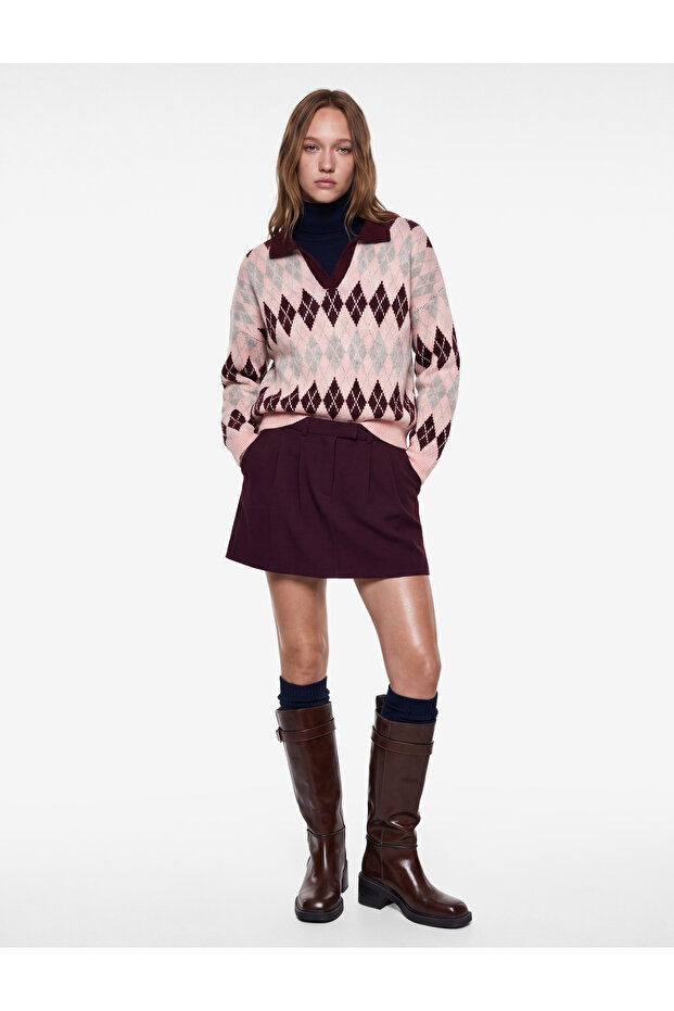 Regular Fit Polo Collar Long Sleeve Knitwear Argyle Patterned Sweater