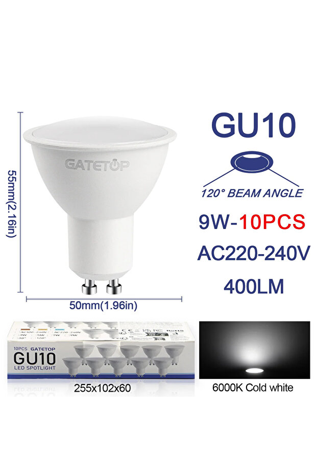 9w AC 220-240V 120degree 6000K 10 Pack Focos Gu10 Spotlight Lampara 220V Led Bulb Wholesale 9W White