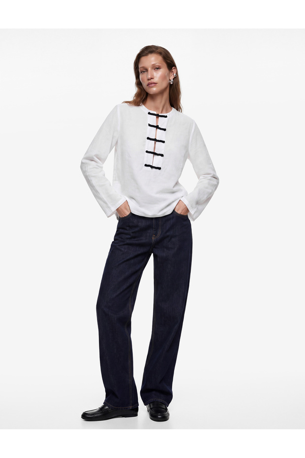 Modal Fabric Crew Neck Long Sleeve Shirt with Napoleon Closure Detail