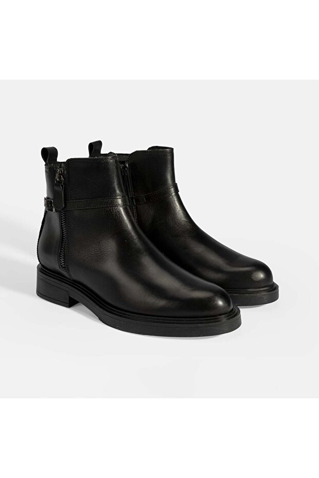 Women's Black Metal Buckle Detailed Zippered Leather Boots
