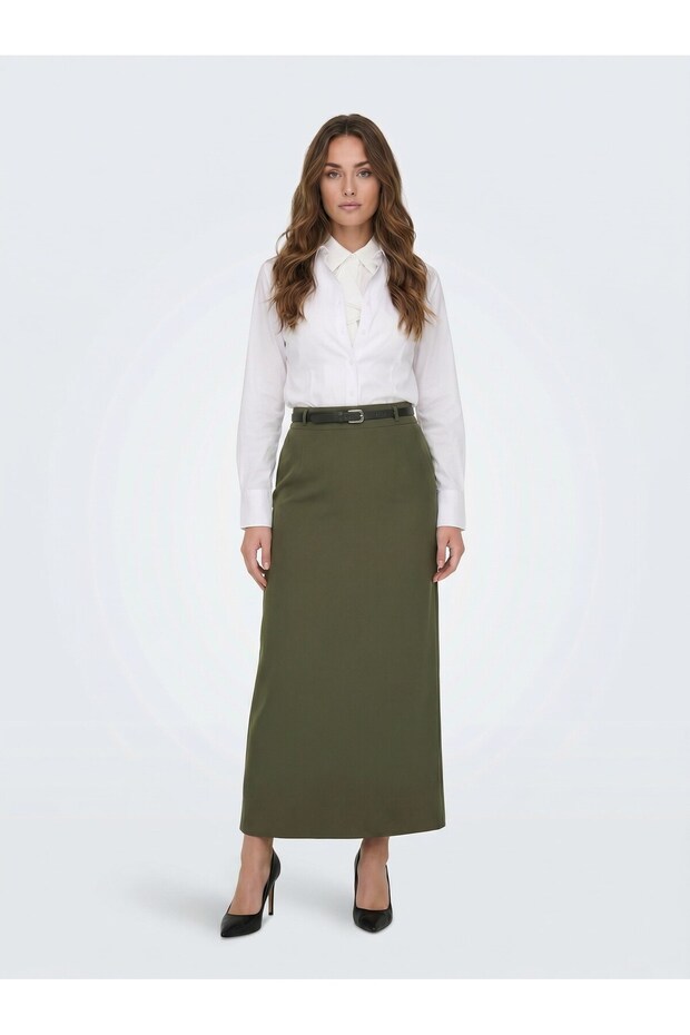 Apsen Women's Khaki Seasonal Closed Slit Detailed Belted Skirt 1580-95