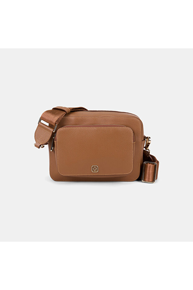 Women's Tan Double-Compartment Leather Shoulder Bag