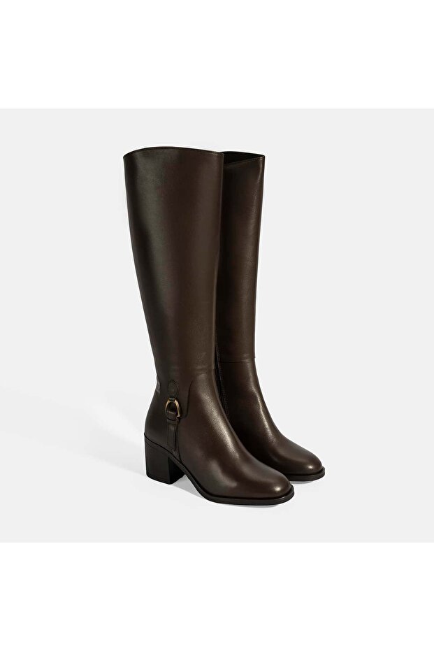 Women's Brown Thick Heeled Leather Boots