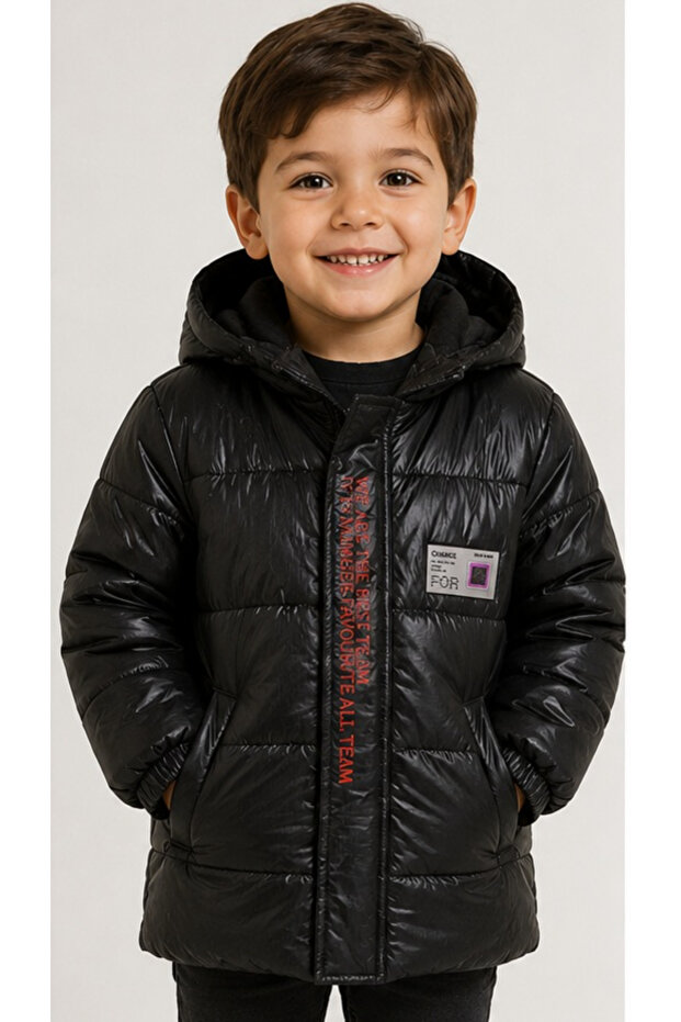 Boy's We Are Written Hooded Lined Glossy Black Color Coat