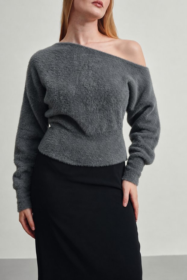 Women's Soft Plush Look Boat Neck Asymmetrical Cut Knitwear Sweater