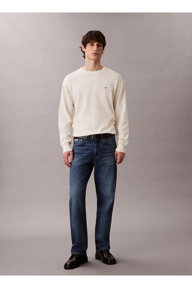 Men's Brand Logo Embroidered Round Neck Stylish Looking Cream Sweater Suitable for Daily Use