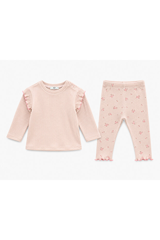 Children/Baby Top and Bottom Waffle Combed Cotton Ruffle Sleeve Floral Patterned 2-Piece Set Powder