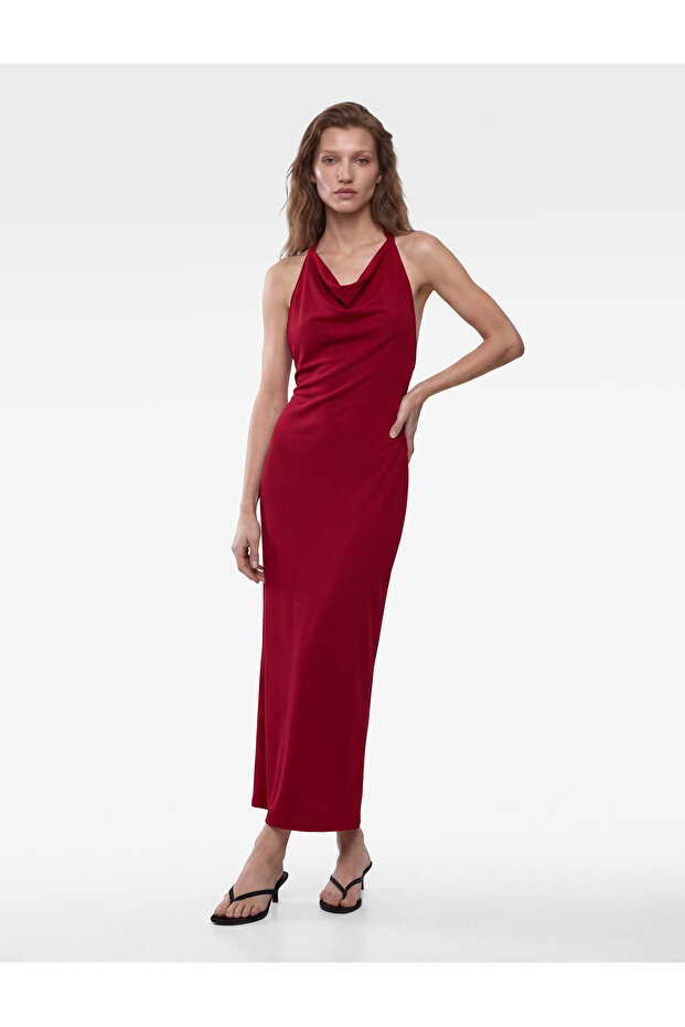 Slim Fit Crepe Scuba Halter Neck Sleeveless Backless Bodycon Long Dress