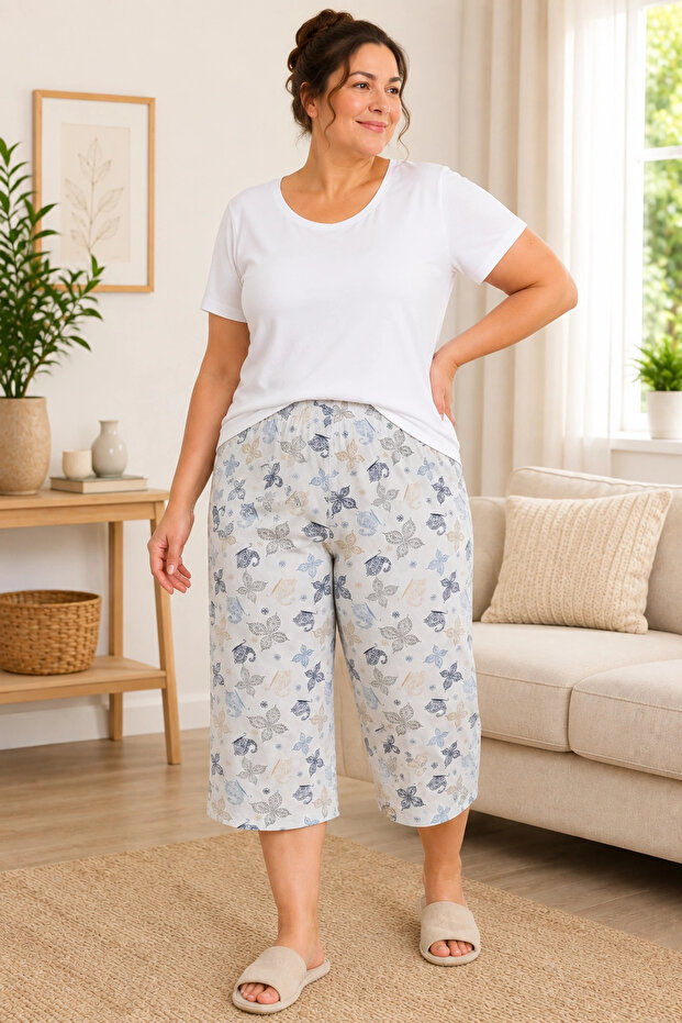 Patterned Combed Cotton Below Knee Plus Size Mother Women's Capri Blue&Beige Butterfly Patterned