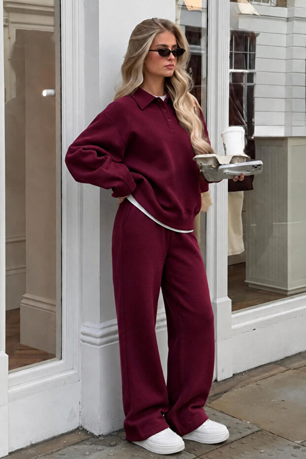 Burgundy Long-Sleeved Buttoned Polo Collar Women's Tracksuit Set Sh392
