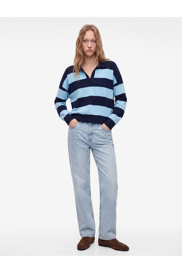 Regular Fit Viscose Blended Long Sleeve Polo Collar Knitwear Striped Sweater