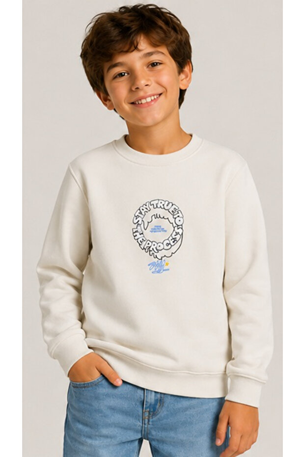 Boy's Ecru Sweatshirt with Stay True Text Pattern on the Front and Back