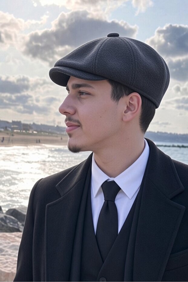 Wool Winter Cashmere Gray Beanie Hat | Men's 8 Corner Buttoned English Model