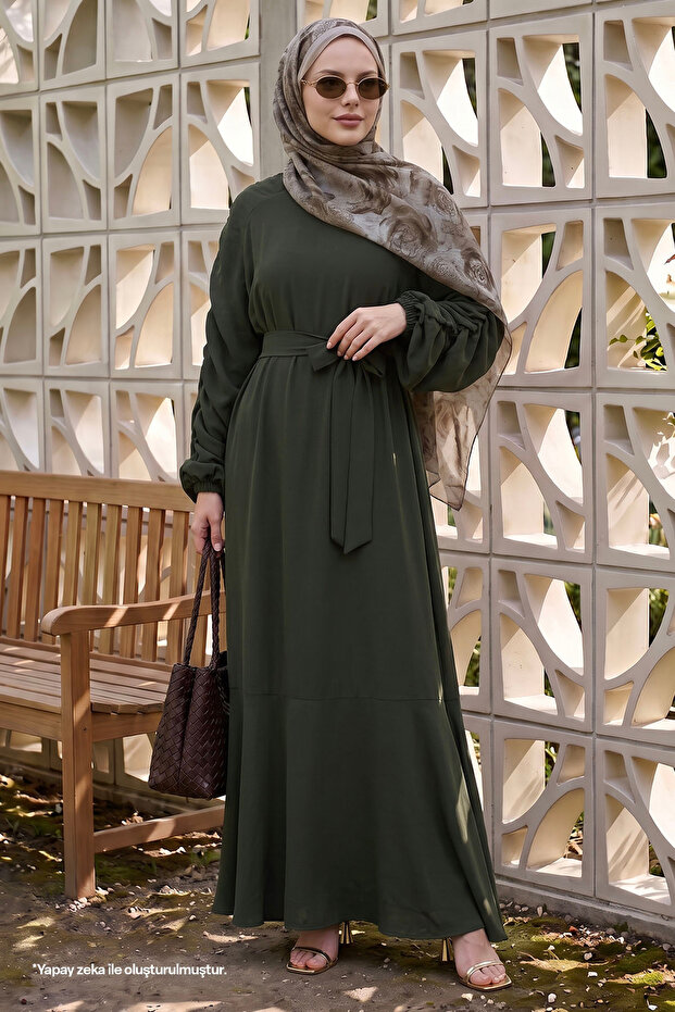Crepe Elastic Khaki Dress
