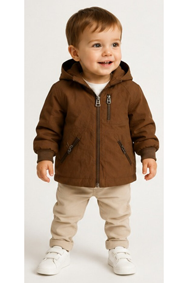 Baby Boy Zipper Closure Pockets Zippered Inner Mesh Lining Hooded Brown Color Raincoat Windbreaker