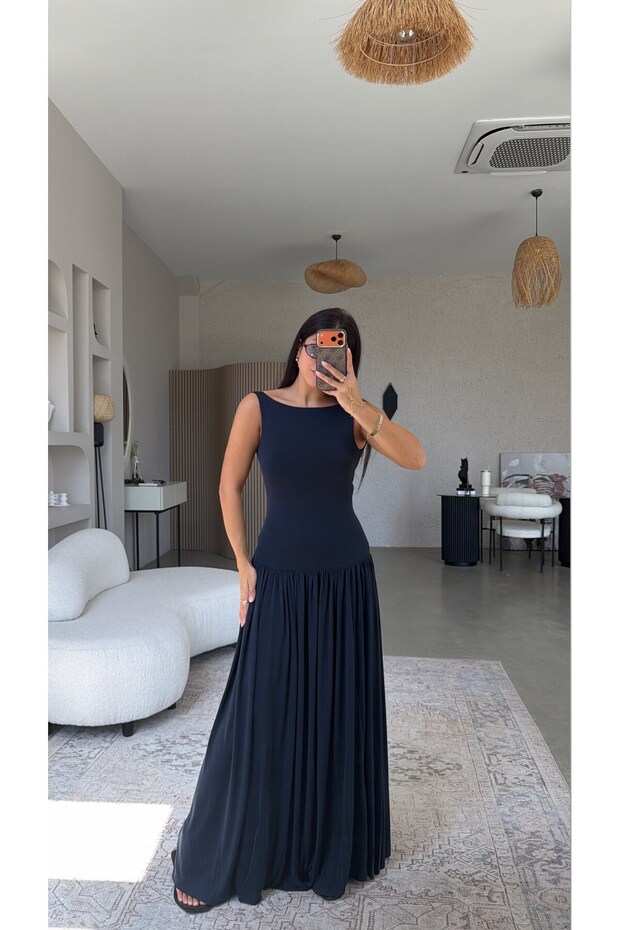 Navy Blue Modal Backless Maxi Dress